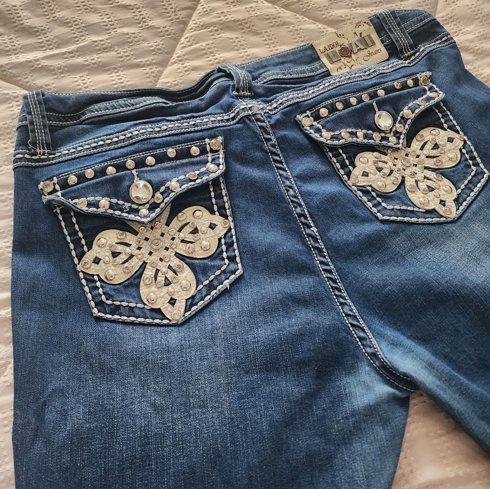 L.A. Idol Vintage Blue Jeans with Silver Rhinestone Embellishments Sz 19